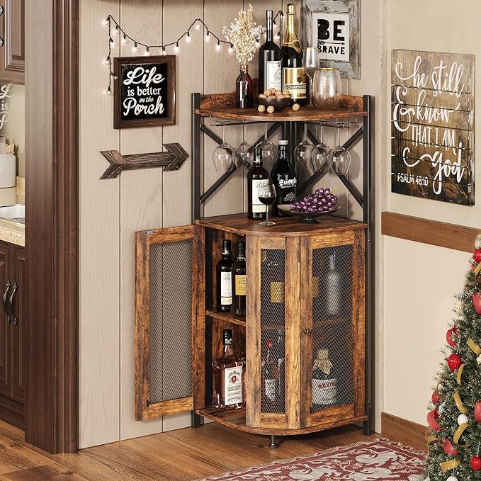 Home Bar Setup - Corner Bar Cabinet with Glass Holder,